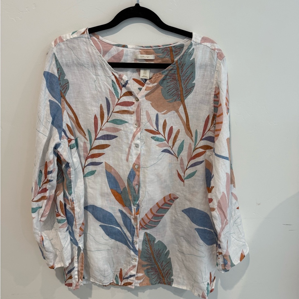 Cynthia Rowley Linen Floral Print Button-Up Blouse Womens Plus Size 1X Coastal
